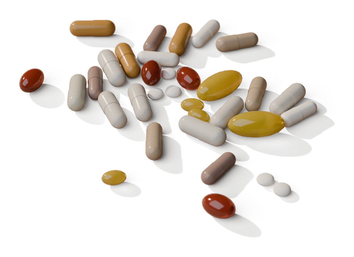 Capsules, softgels and tablets, scattered